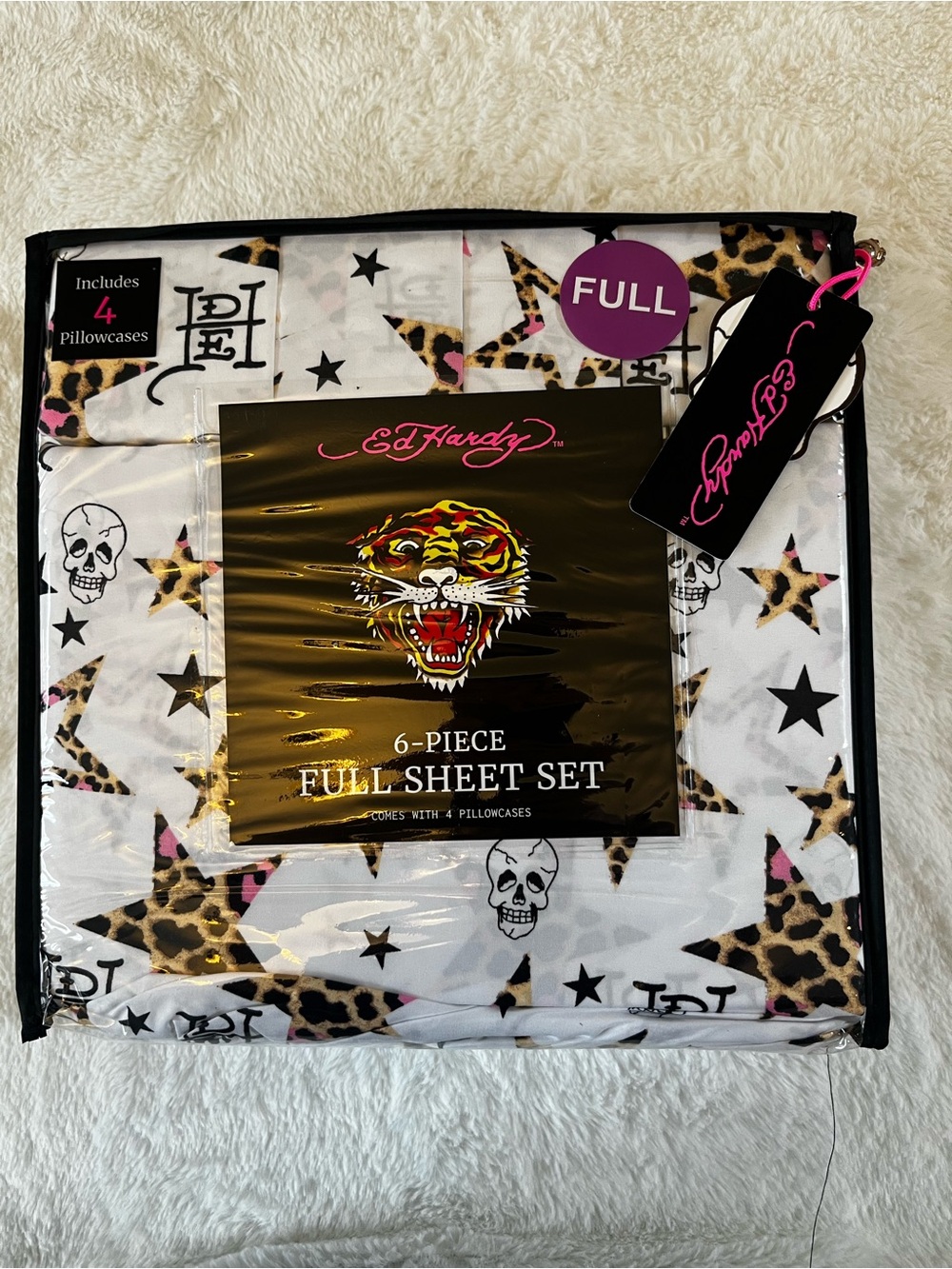 Ed Hardy Full Sheet Set in White with Leopard Star & Skull Print